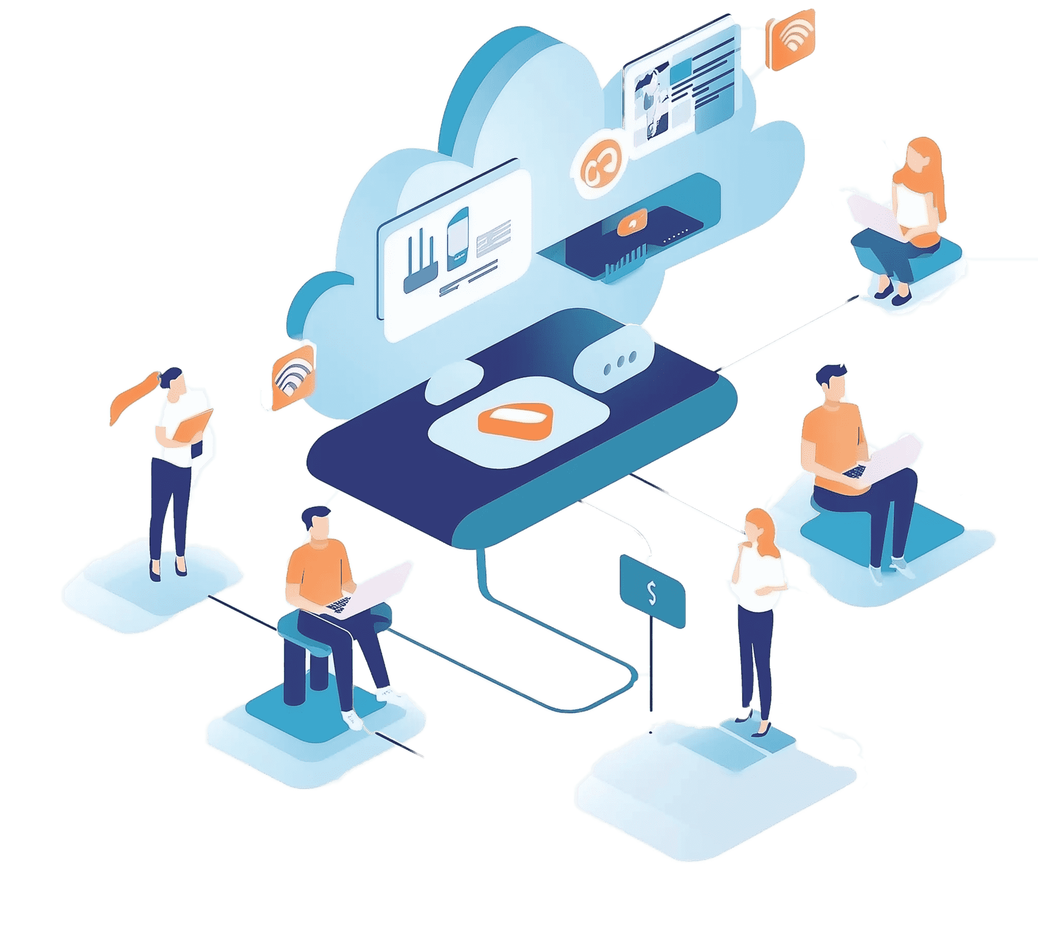 Illustration of secure online connections through VPN services, showing users browsing safely on multiple devices with enhanced privacy and data protection.